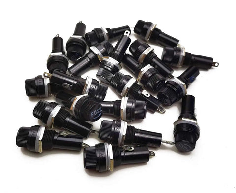Twenty Panel Mount Fuse Holders With Quick Release Screw Caps Designed For 6X30 Blade Fuses, black fuse holders in a cluster.