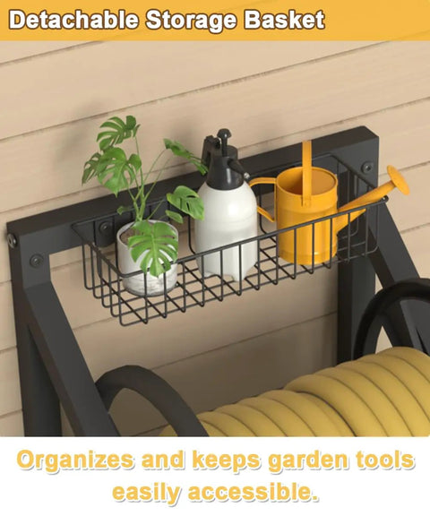 Triangle Wall Mounted Garden Hose Reel System with detachable basket, holding plants and watering tools, black