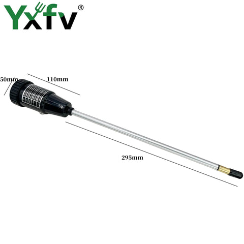 All In One Soil PH Tester And Moisture Light Meter With 11.6 Inch Probe No Battery Needed For Gardeners And DIYers Alike For Indoor Outdoor Plant Care, showing a long silver probe with a black dial.