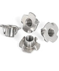 Beefy Grip Heavy Duty Four Claw T Nut Set 304 Stainless Steel KnockIn Captive Nut Inserts For Wood Anti Rotation Vibration Resistant M6x13mm 10 Pieces Speaker Mounting Hardware image showing four T-nuts in close-up view.