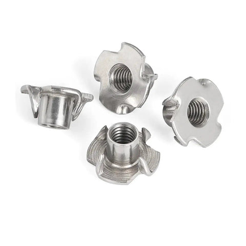 Beefy Grip Heavy Duty Four Claw T Nut Set 304 Stainless Steel KnockIn Captive Nut Inserts For Wood Anti Rotation Vibration Resistant M6x13mm 10 Pieces Speaker Mounting Hardware image showing four T-nuts in close-up view.