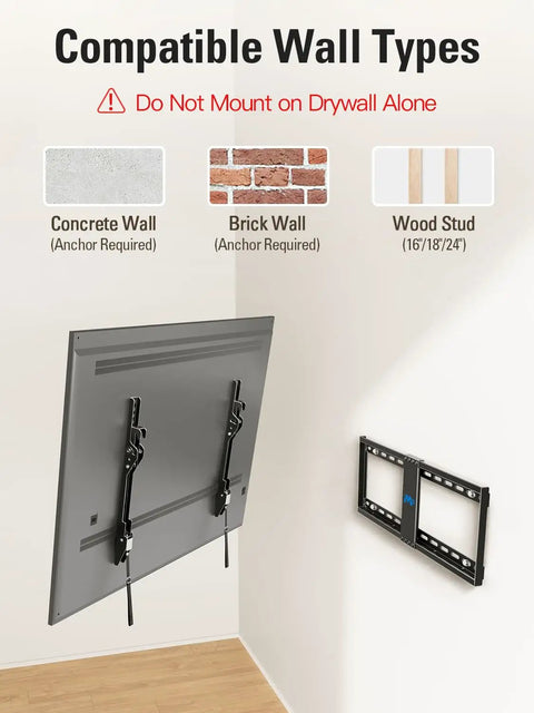 Compatible wall types for Heavy Duty Tilting TV Wall Mount For 37 To 90 Inch Flat Screens Up To 132 Pounds with images of concrete, brick, and wood.