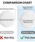 Comparison chart showing 48mm cap not fitting versus 53mm cap for Six Pack 53mm Water Jug Caps With Foam Liners That Fit 3 And 5 Gallon Jugs 53 400 Thread Screw Top Lids For American Maid Plastic Bottles Reusable Leak Proof Seal White.