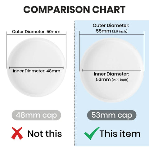 Comparison chart showing 48mm cap not fitting versus 53mm cap for Six Pack 53mm Water Jug Caps With Foam Liners That Fit 3 And 5 Gallon Jugs 53 400 Thread Screw Top Lids For American Maid Plastic Bottles Reusable Leak Proof Seal White.