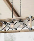 Farmhouse Chandelier For Dining Room With Wood Frame And Industrial Cross Metal Accents, frosted shade kitchen island light