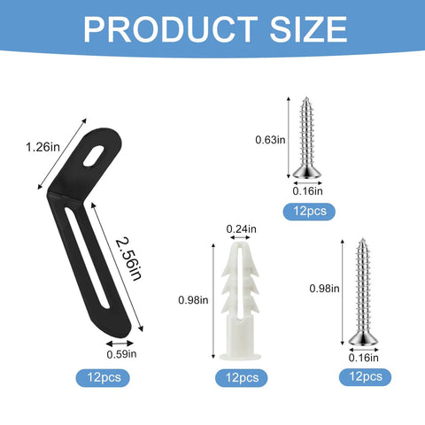 Heavy Duty Anti Tip Furniture Anchors Steel Wall Brackets 12 pack product size details with dimensions and hardware components.