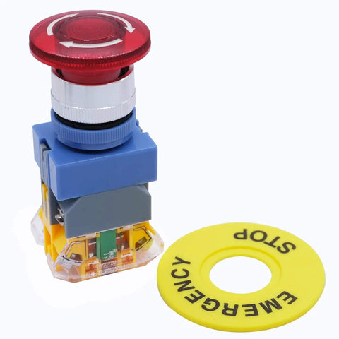 Heavy Duty 22mm LED Emergency Stop Push Button Switch With 1 NC 1 NO Contacts And 6 Terminals, red cap with yellow label