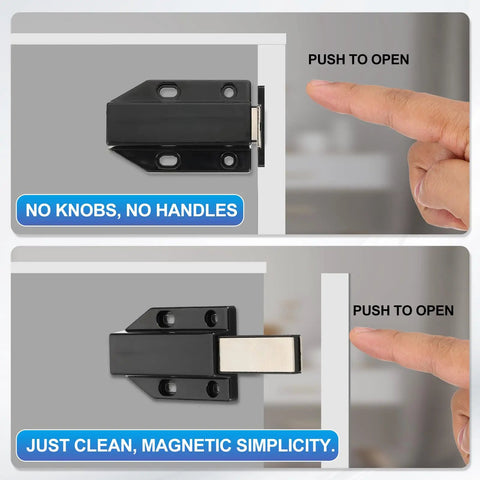 4 Pack Magnetic Push Latch For Cabinets And Drawers 4.57 By 1.85 Inches Push To Open Door Hardware mechanism detail, finger pushing