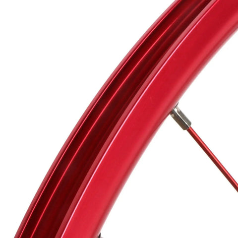 Close-up of red rim and spoke detail on 26 Inch Ride Ready Bicycle Wheel Set With Double Deck Rim Aluminum Alloy, Rear 135mm Hub.