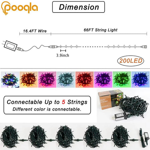 Diagram showing dimensions and colors of Green String Lights With 200 LEDs 66 Ft Indoor Outdoor Fairy Lights with packaging and plug