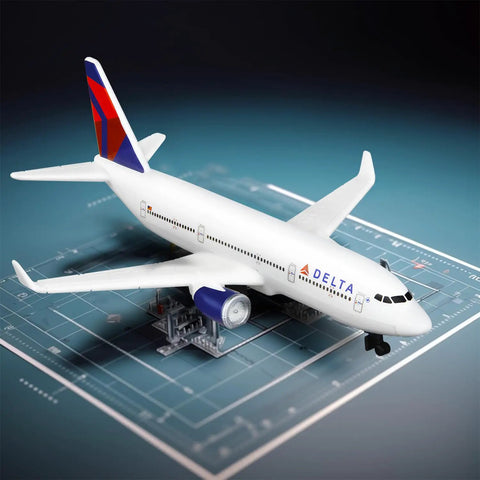 Delta Airplane Miniature Model For Display on blueprint, alloy die-cast, perfect desk decor for aviation fans.