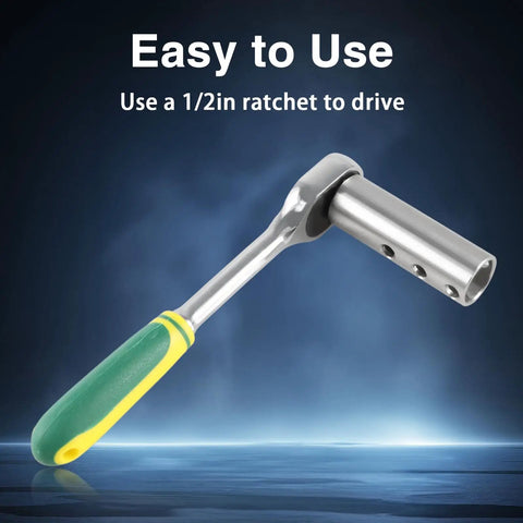 Upgraded Stainless Steel Trailer Jack Electric Drill Adapter With One Half Inch Socket Bit shown with green handle ratchet