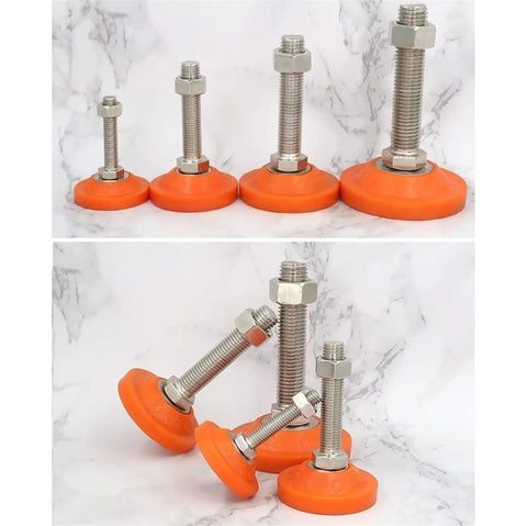 4 Pack Heavy Duty Leveling Screw Legs With PVC Cushions For Shelves Desks Office Furniture And Heavy Gear Carbon Steel Poles Adjustable Height Wobble Proof Reduces Vibration And Floor Scuffing Sturdy As Nails orange leveling feet with threaded steel bolts, shown upright and angled