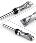 Pro Grade Extra Long Compression Flush Trim Router Bit With One Quarter Inch Shank And One Half Inch Cutting Diameter One And A Quarter Inch Cutting Length Spiral Pattern Template Router Bit For CNC Woodworking Edge Trimming close-up view