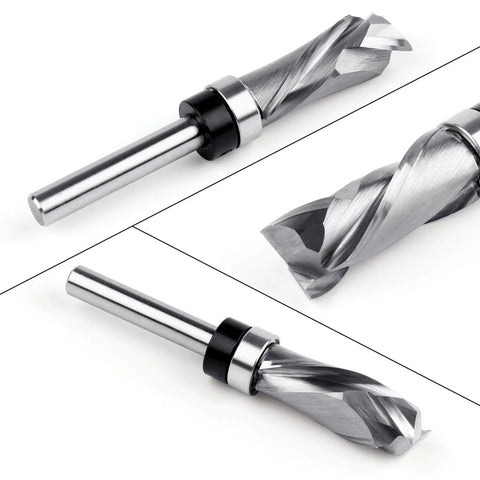 Pro Grade Extra Long Compression Flush Trim Router Bit With One Quarter Inch Shank And One Half Inch Cutting Diameter One And A Quarter Inch Cutting Length Spiral Pattern Template Router Bit For CNC Woodworking Edge Trimming close-up view