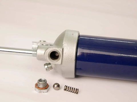 Lincoln 1147 lever-action grease gun with blue cylinder and silver head; side view.