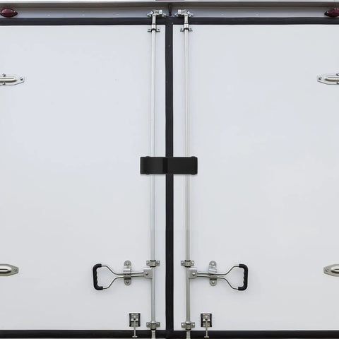 2 Pack Flexible Rubber Draw Latches For Boat Compartments And Cargo Boxes, shown securing trailer doors
