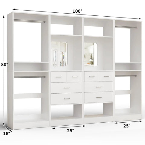 100 Inch Walk In Closet System With Deep Drawers And Sleek Mirror Panels, Wooden Wardrobe Organizer with mirrored panels and shelves.