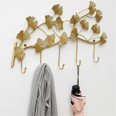 Heavy Duty Metal Wall Hooks For Living Room Decor And Bedroom Setup, gold leaf design, suitable for coats and keys.