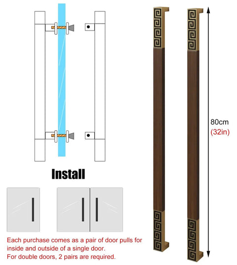 Solid Wood Sliding Barn Door Handle With Screws Rectangle Front Door Pull Handle For Exterior And Interior Use Push Pull Design Single Or Double Side Install Style2 Color 80 Cm 32 Inch Length showing installation instruction