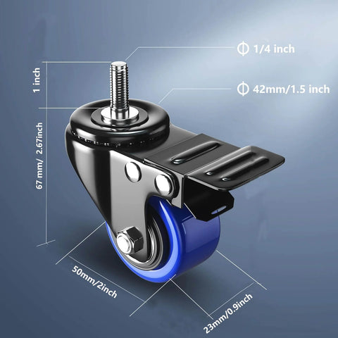 2 Inch Heavy Duty Swivel Caster Wheels Threaded Stem UNC 1/4-20 By 1 Inch, close-up view with measurements, blue and black design