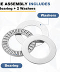 Four Pack NTA1220 Thrust Needle Roller Bearings With Matching Washers 3/4 Inch Inner Diameter 1/4 Inch Thickness Chromium Steel Rollers Built Tough For Hella Durability And Smooth Low Friction Operations On Heavy Machinery Projects, showing a needle roller bearing and two washers.