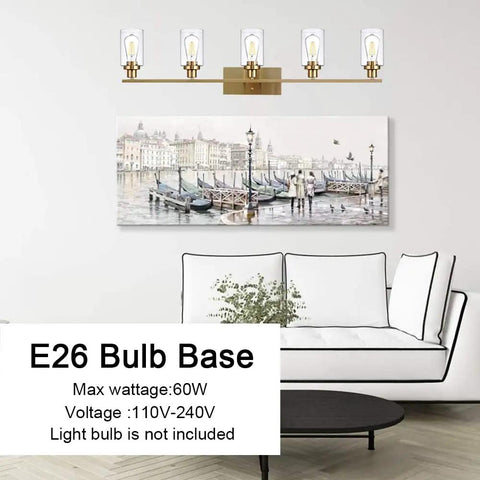 Cool Five Light Brushed Brass Vanity Light Fixture With Clear Glass Shades For Bathroom Wall Sconce Dimmable