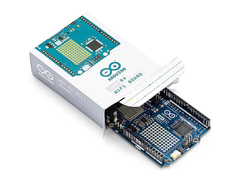 Uno R4 WiFi Dual Core Microcontroller Board with Renesas RA4M1 and ESP32 S3 shown partially in packaging.
