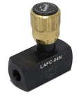 Hydraulic inline adjustable flow control valve with brass knurled knob, black body, 1/4 in NPT