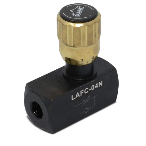 Hydraulic inline adjustable flow control valve with brass knurled knob, black body, 1/4 in NPT