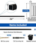 Diagram of 100 Pack 26-Inch By 3-Quarter-Inch Aluminum Deck Balusters Square Black Hollow Spindles With Screws For Railing Fencing Porch WT12