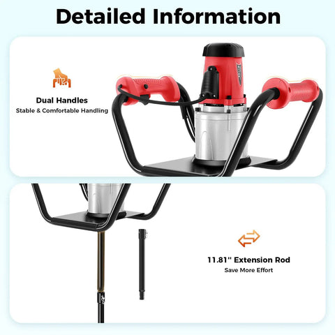 Heavy Duty Electric Post Hole Digger With Six Inch Auger Bit, dual handles, extension rod, durable design for soil drilling