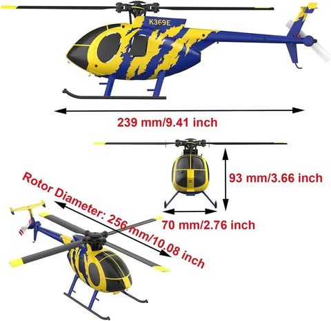 MD500 Style RC Helicopter for Adults shown with dimensions: 239 mm long, 93 mm tall, rotor diameter 256 mm, blue-yellow design