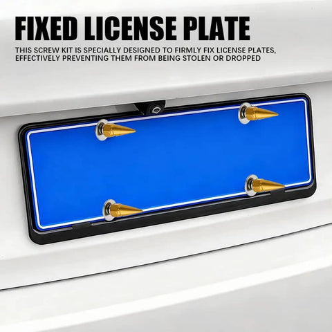 Badass Gold Spike License Plate Bolts And Screw Fastener Kit For Trucks And Cars Street Tough Anti Theft Vehicle Tag Frame Hardware All Season Aluminum Alloy Ride Ready Decor mounted on a blue license plate.