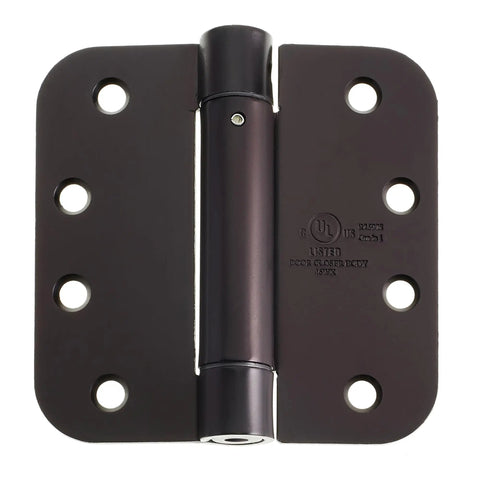 Heavy Duty 4 Inch Self Closing Spring Door Hinges Two Pack With Adjustable Closing Power And Oil Rubbed Bronze Finish, showing hinge detail.