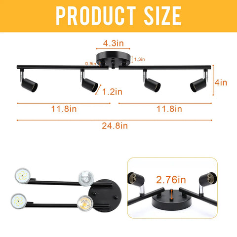 Four Head Foldable Track Lighting Kit With GU10 Sockets Adjustable Ceiling Spot Lights dimensions