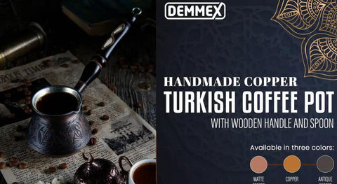 Thick Copper Turkish Coffee Pot Cezve Ibrik Briki With Wooden Handle and Hand Engraving Antique Copper Finish 9 Ounce Stovetop Coffee Maker For Gas And Electric Not Induction Handmade In Turkey.