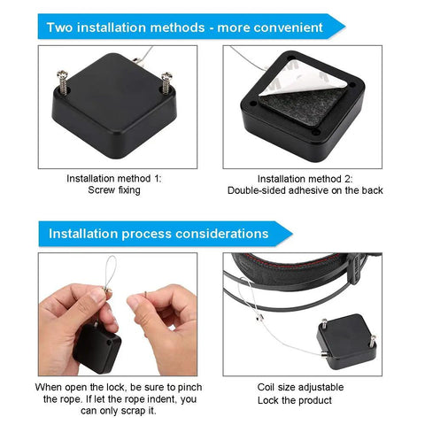 Retractable Display Security Cable Lock With Adjustable Tether Stops installation methods shown with screw mount and adhesive options.