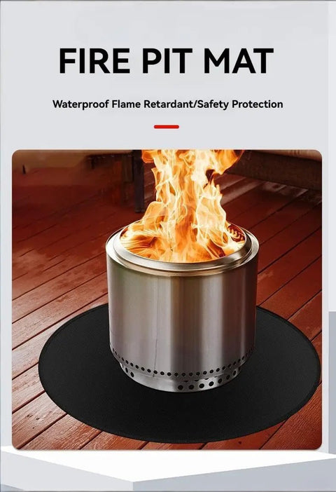 Round Fire Pit Mat For Outdoor Hangouts, Fireproof, Waterproof Spark Shield with metal stove on wooden deck