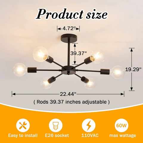 Six Light Sputnik Black Chandelier With Adjustable Height Ceiling Light Fixture showing size and dimensions