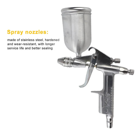 Top Tier Mini Pneumatic Paint Sprayer With Gravity Feed And Hella Tight 0.5MM Nozzle featuring stainless steel body and spray nozzle.