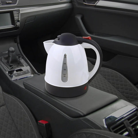 Heavy Duty 12V Portable Electric Car Kettle 1000Ml Travel Water Heater With Spill Proof Handle, black and white kettle on car console.