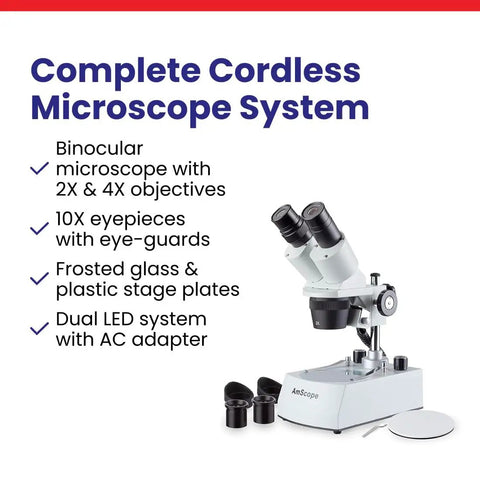 Cordless LED Stereo Microscope With Dual Illumination 20X And 40X Magnification Widefield Glass Optics Forward Binocular Head Sturdy All Metal Pillar Stand Awesome For Lab Work Education Electronics And Crafting, binocular microscope with 2X and 4X objectives