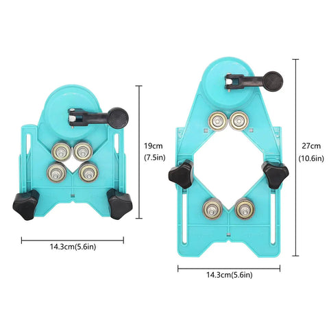 Guide jig for 11 Piece Diamond Tile Hole Saw Set With dimensions labeled in cm and inches