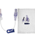 Front view of IV extension set tubing with purple luer connectors and blue clamp, 15-pack, individually wrapped