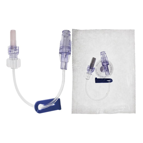 Front view of IV extension set tubing with purple luer connectors and blue clamp, 15-pack, individually wrapped