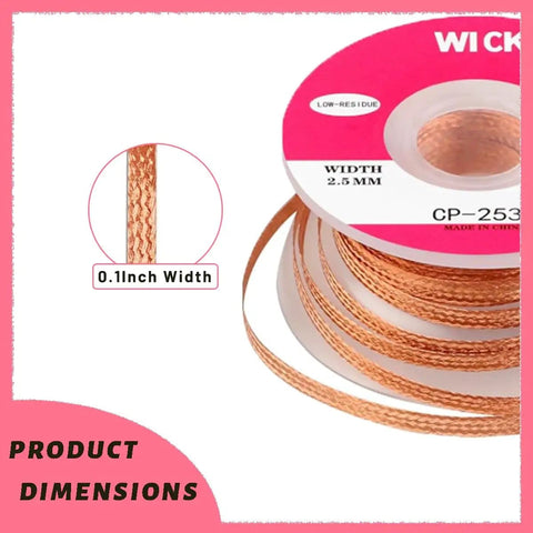 Pro Grade Desoldering Wick With Flux For Electronics Repairs showing copper braid, 0.1 inch width, on spool