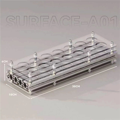 Single Dose Coffee Storage Rack With Fourteen Glass Jars And A Metal Base Uses One Way Valves To Keep Beans Fresh, 30cm x 10cm x 6cm.
