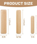 Professional Grade Top Tier 200 Pack Natural Birch Wood Dowel Pins With Deep Fluted Grooves For Killer Non Slip Grip And Badass Stability On Cabinet Woodworking Projects showing sizes 3/8, 5/16, and 1/4 inch.