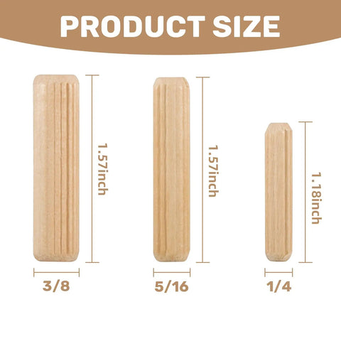 Professional Grade Top Tier 200 Pack Natural Birch Wood Dowel Pins With Deep Fluted Grooves For Killer Non Slip Grip And Badass Stability On Cabinet Woodworking Projects showing sizes 3/8, 5/16, and 1/4 inch.